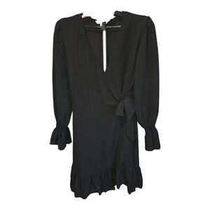 Elegant Black Long-Sleeve Wrap Dress with Ruffle Hem